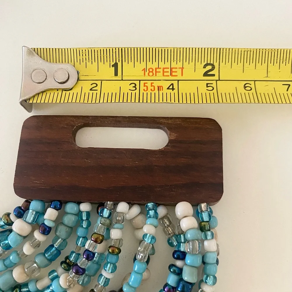 Unique Vintage Aqua Blue and White Beaded Necklace with carved wood clasp - Picture 8 of 9